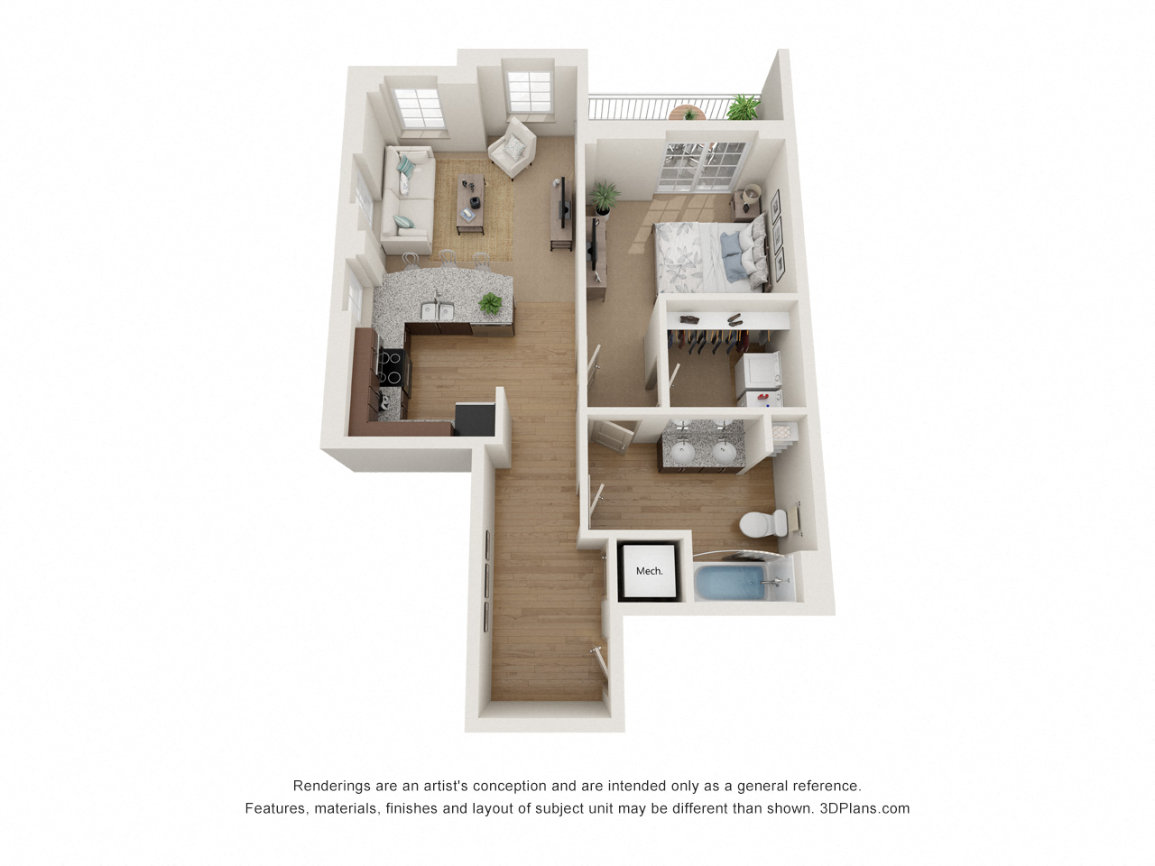 Floor plan for 1 bed, 1 bath, 785 sqft